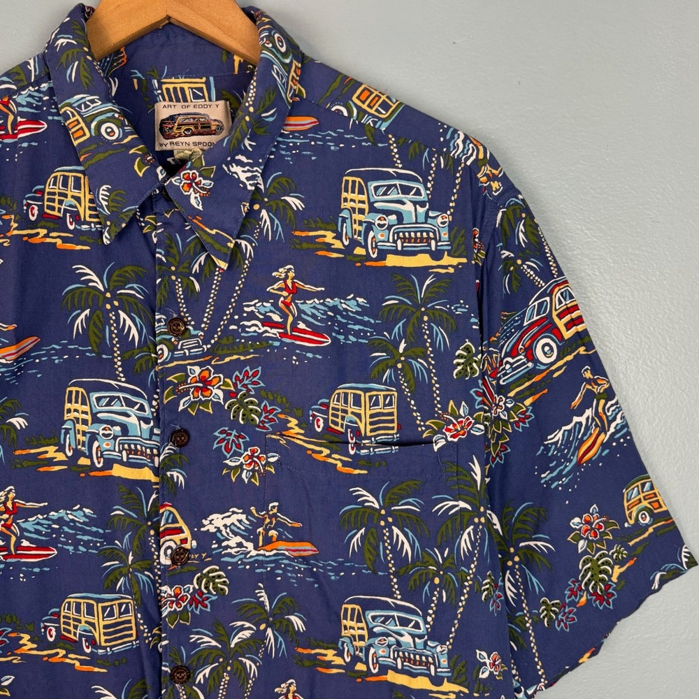 Reyn Spooner Art of Eddy Y Mens XL Blue Woody Car Surfing Hawaiian Button Shirt